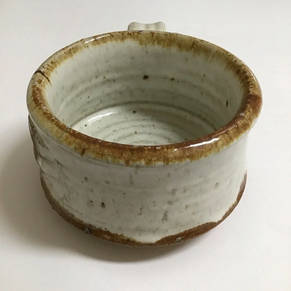 Handmade Studio Pottery Chili Bowl Handle Natural Speckled Glaze Rustic Cabin